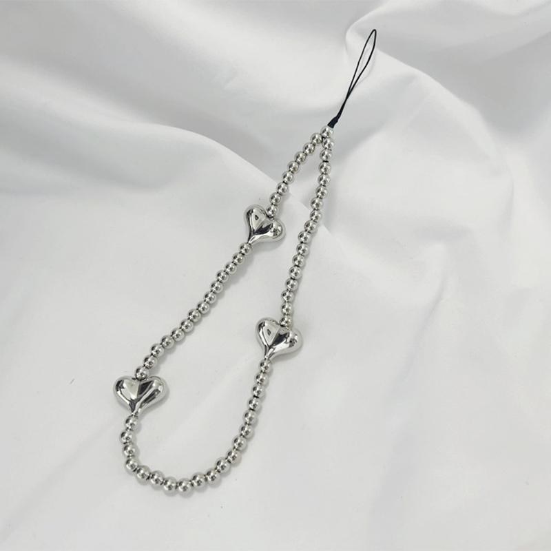 Ins Y2K Silver Love Heart Bowknot Phone Charm Strap Bead Pendant For Phone Accessories Hanging Rope Girl Jewelry