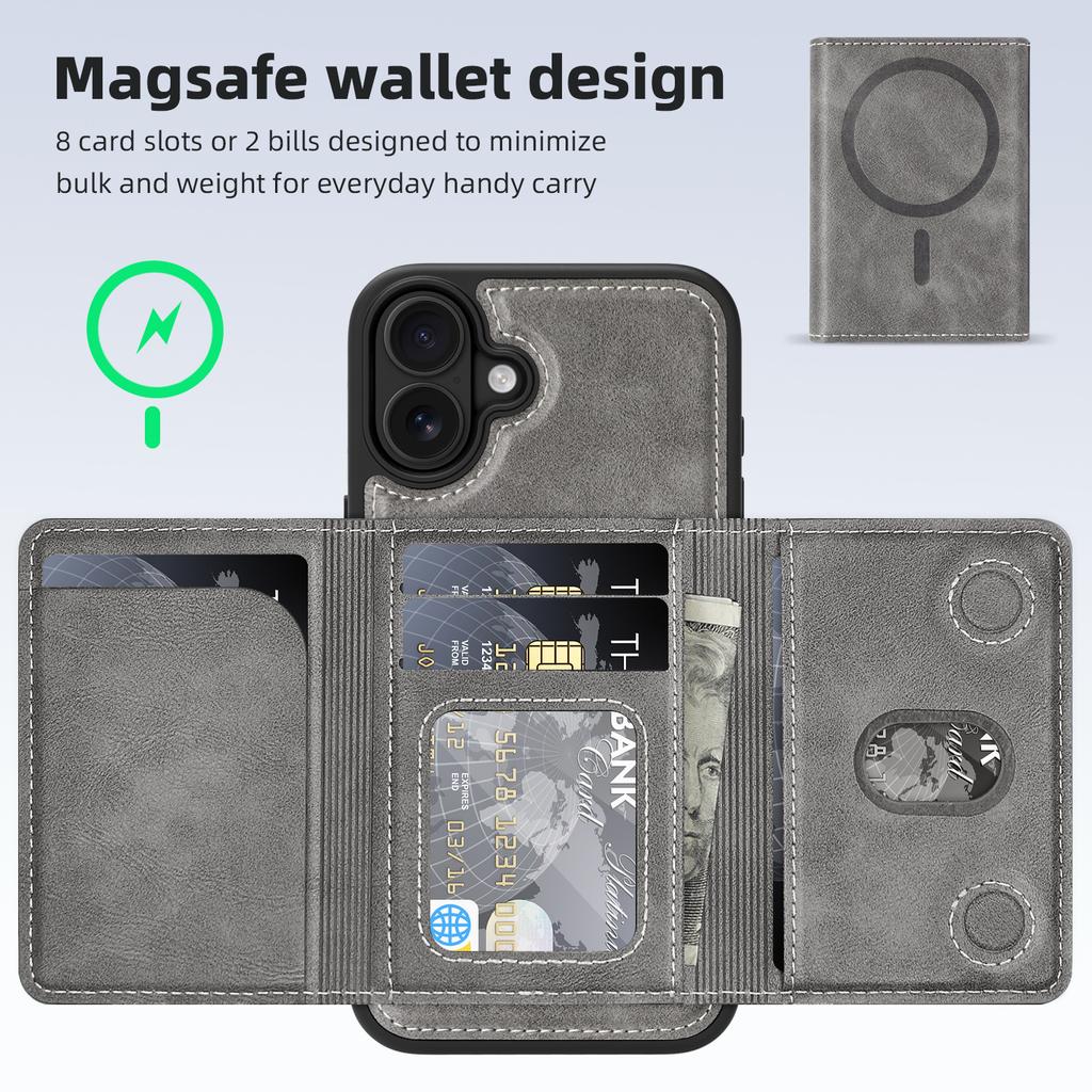 For iPhone 16 Plus Magnetic Case Leather Back Phone Cover with Detachable Card Bag