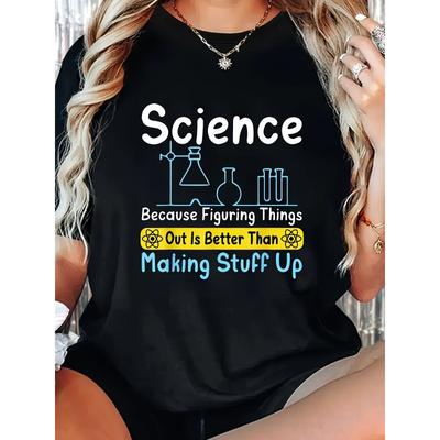 Women'S Science Graphic T-Shirt - Short Sleeve Crew Neck Casual Top with Fun Science Symbols Design, Perfect for Spring & Summer,