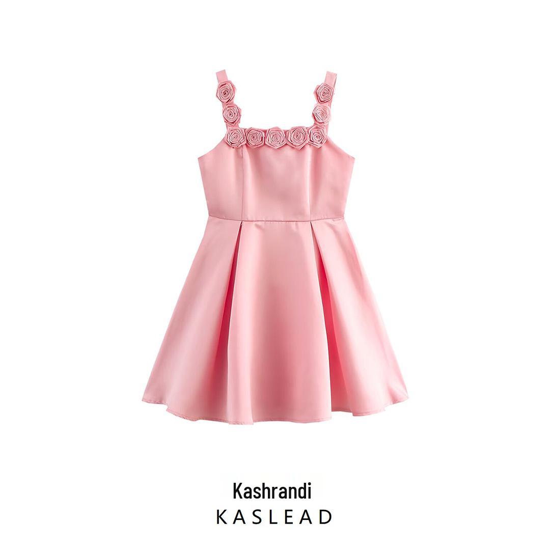 

Spring 2025 Women s European & American Style Satin Dress with 3D Floral Decoration Medium рожевий