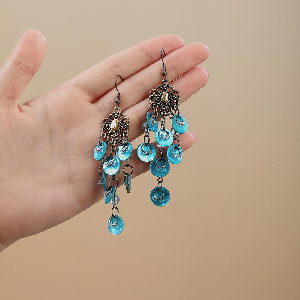 Exotic Blue Seashell Tassel Earrings - Retro Ethnic Style for Beach Vacations and Travel