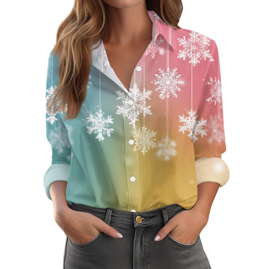 Women's Christmas Print Casual Half-Open Collar Long Sleeve Shirt