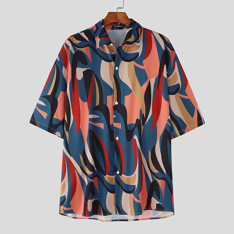 

INCERUN Oversized Summer Men Lapel Half Sleeve Colorful Print Beach Loose Hawaiian Shirts XL синий