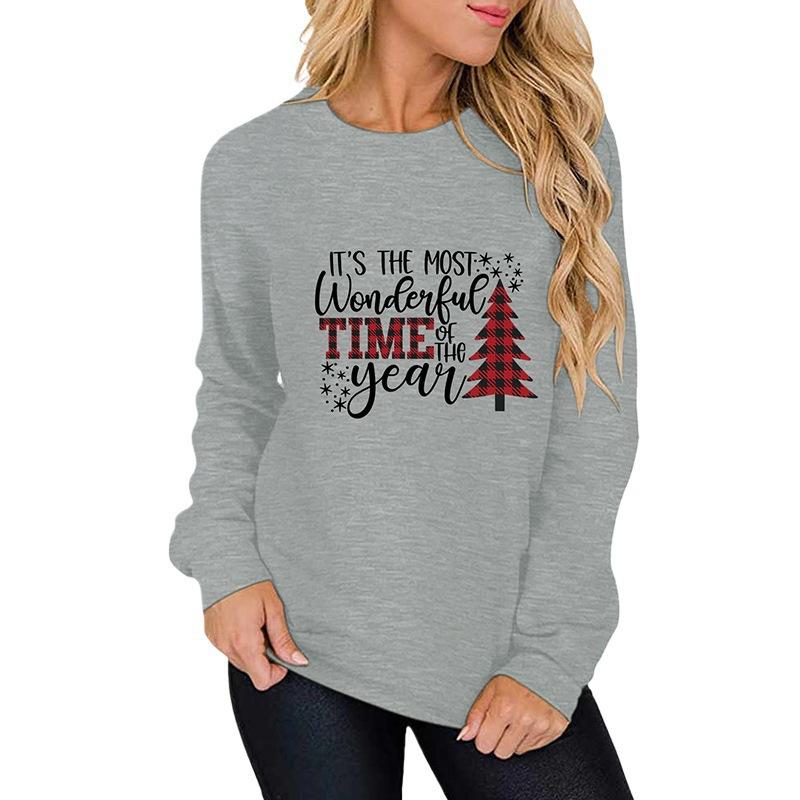Autumn Women'S Clothing, Crew Neck Long-Sleeved Sweater Women, Christmas Tree Print Top