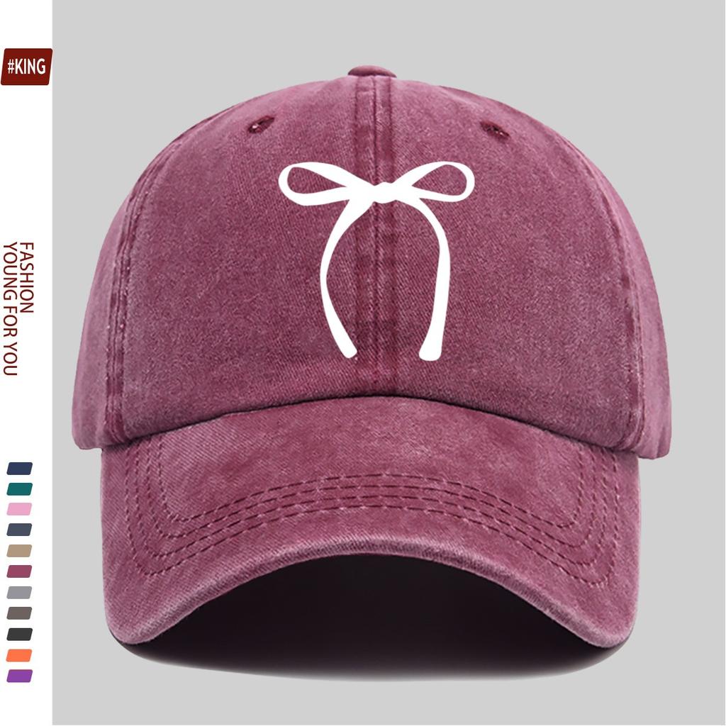 Bow Graphic Washed Baseball Cap Vintage Cotton Adjustable Casual Unisex Street Hat
