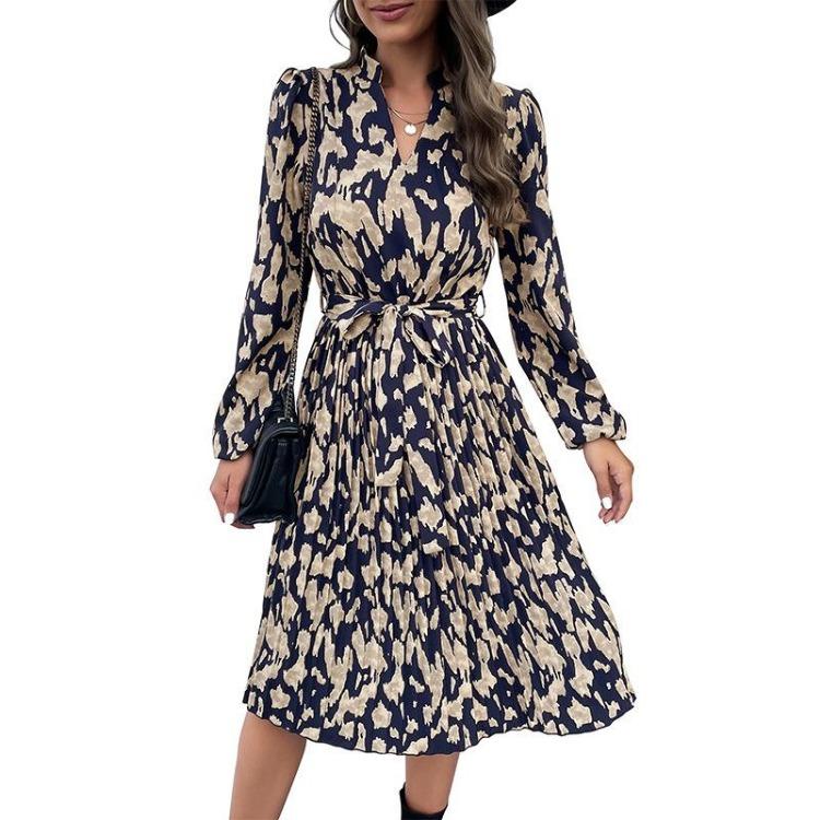 Women Spring Dress Long Sleeve Pleated High Waist V Neck Lace Up Print
