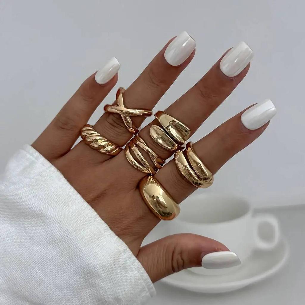IngeSight.Z 6Pcs Vintage Gold Color Smooth Geometric Open Rings Women Exaggerated Metal Irregular Thick Water Drop Ring Jewelry