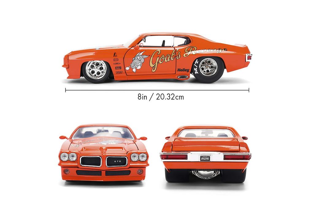 Jada Toys Big Time Muscle 1971 Pontiac GTO Diecast Car Opening Trunk and Rubber Tires 124 – Doors, Hood, (Orange)