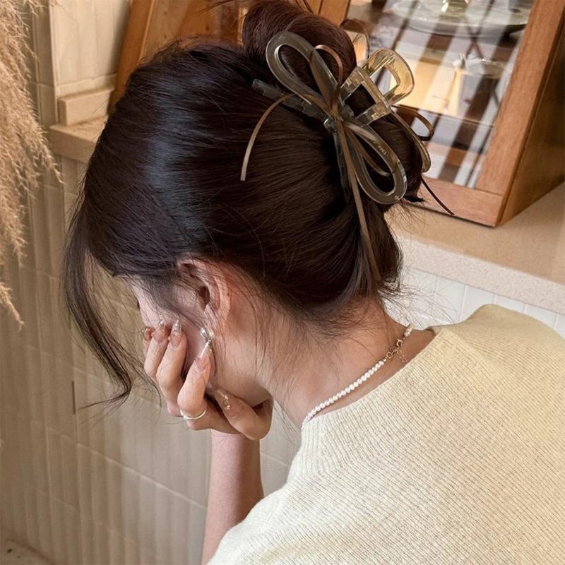 Lightweight Ergonomic Hair Claw Clip With Ribbon Bows Practical Acrylic Hairpin Hair Ornament For Office School Styling