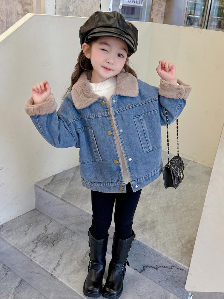 Denim Fleece-Lined Jacket for Girls - Autumn/Winter 2025 Korean Style