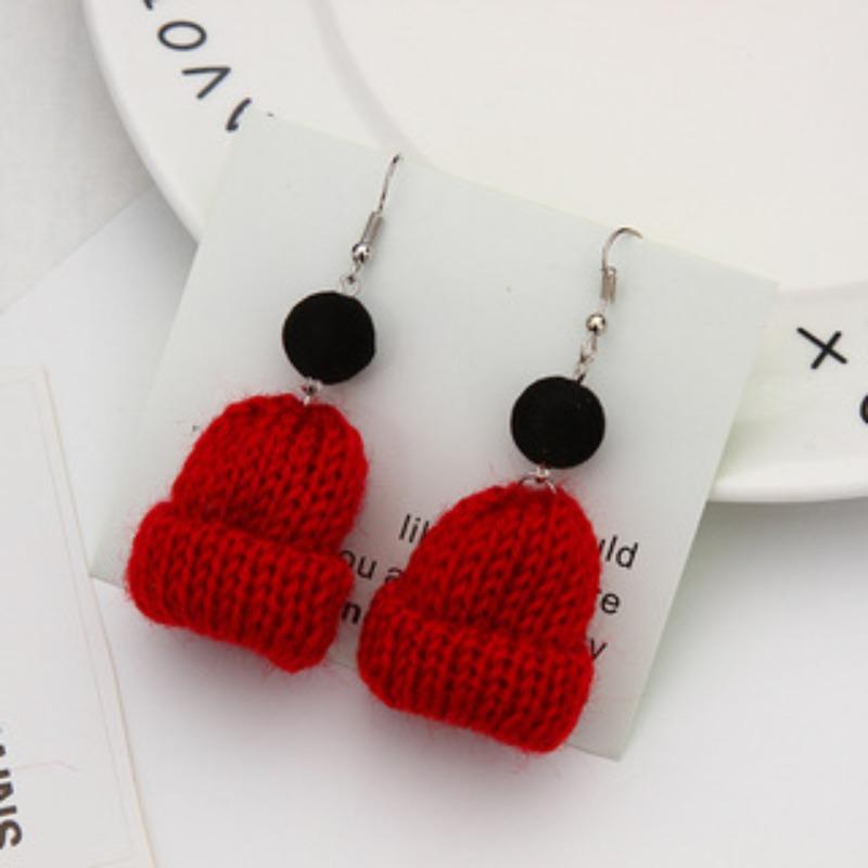 Autumn and Winter Cute Wool Christmas Hat Earrings Jewelry, Temperament Long Contrasting Color Pom-pom Earrings Women