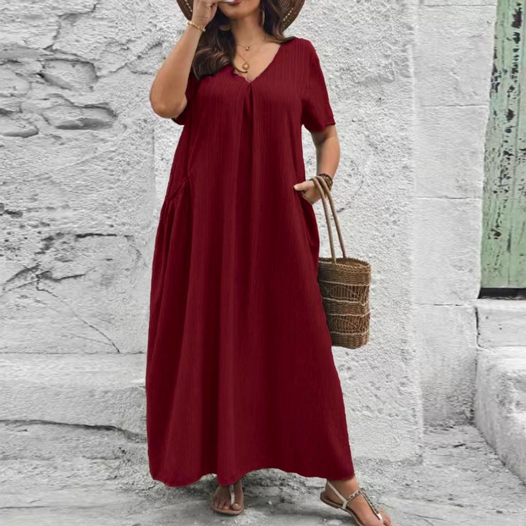 Robe pour femme col en V manches courtes effet froissé texturé coupe ample avec poches décontractée confortable longueur midi
