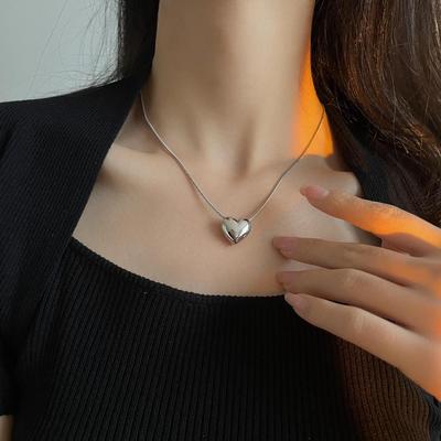 Simple Silver Heart Pendant Necklace: Sleek Snake Chain, Fashionable Titanium Steel Design for Women