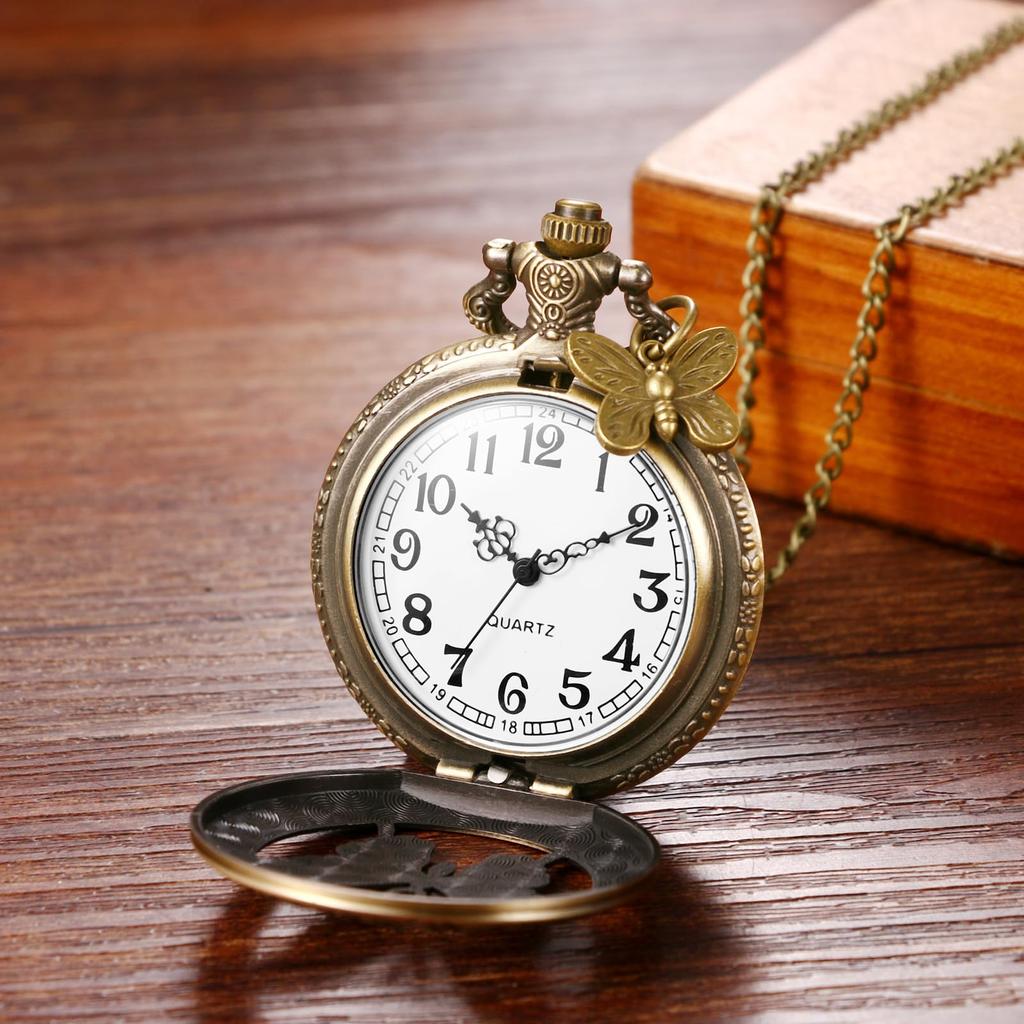 Antique Butterfly Pocket Watch with Analog Display and Waterproof Butterfly Pocket Watch with Pendant Necklace and Chain Perfect Gift for and Day