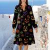 Women's V-Neck Flowing Layered Bohemian Long Sleeve Halloween Print Dress