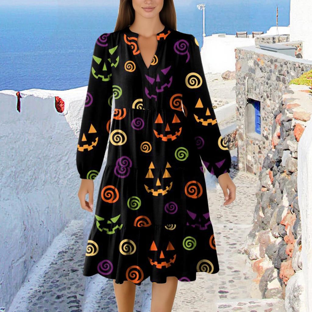 Women's V-Neck Flowing Layered Bohemian Long Sleeve Halloween Print Dress
