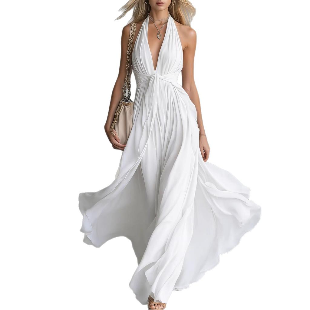 European and American women's new sexy solid color V-neck sleeveless waist, neck dress