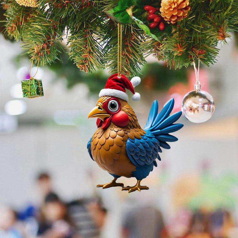 Funny Christmas Ornaments Acrylic 2D Cartoon Cute Christmas Rooster Rooster Ornament Funny Christmas Chicken For Living Rooms