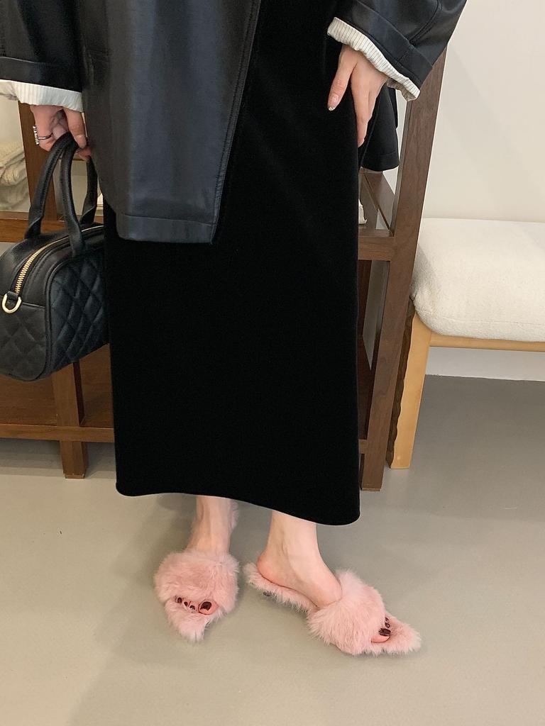 2025 autumn and winter new European and American pointed head slender heel long mink hair one-word slippers cat hair drag