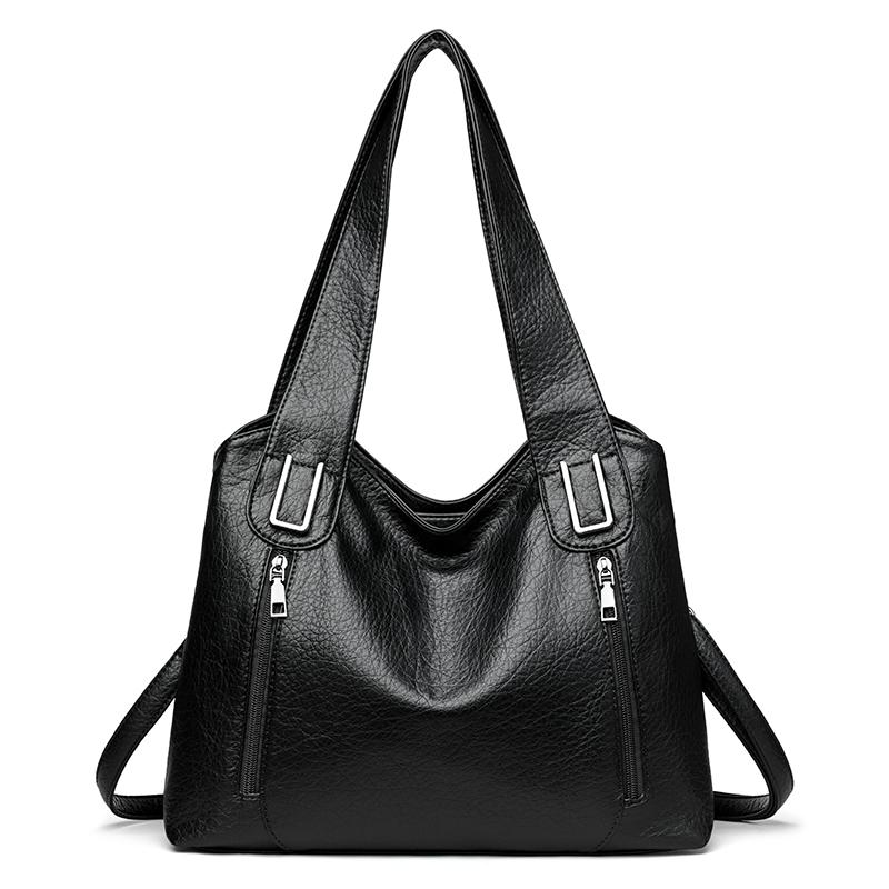 Large Capacity Leather Tote Bag for Women Vintage Shoulder Handbag with Zip Pockets