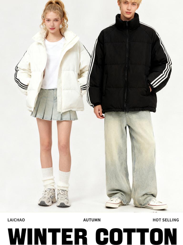 Winter Thick Puffer Coat for Women, Striped Casual Warm Coat for Couples, Thick Padding Jacket
