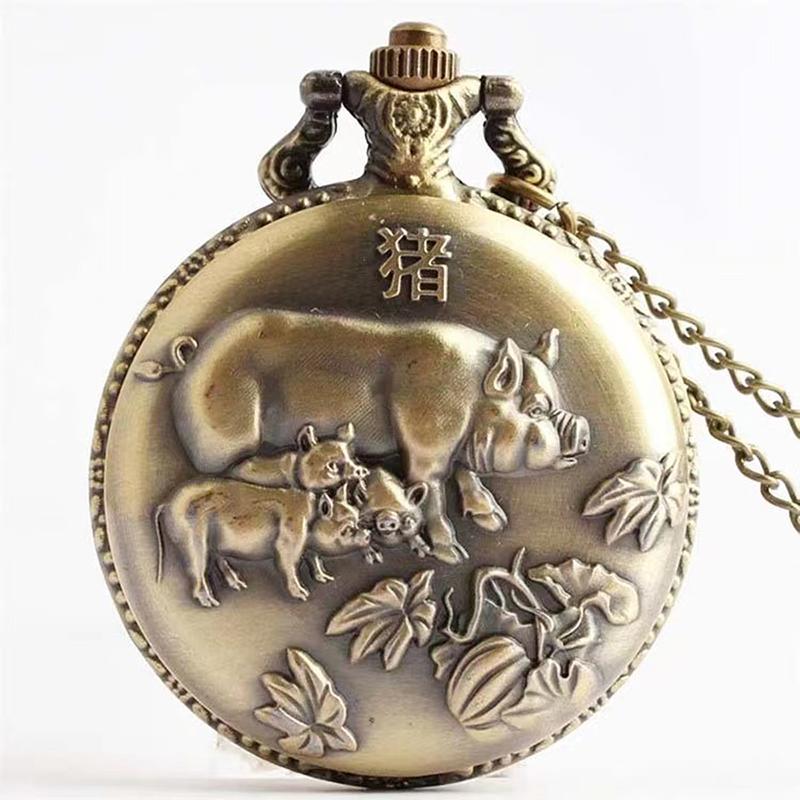 Antique Retro Bronze 12 Animal Quartz Round Case Pocket Watch Necklace with Pendant Chain No Waterproof Holiday Gift