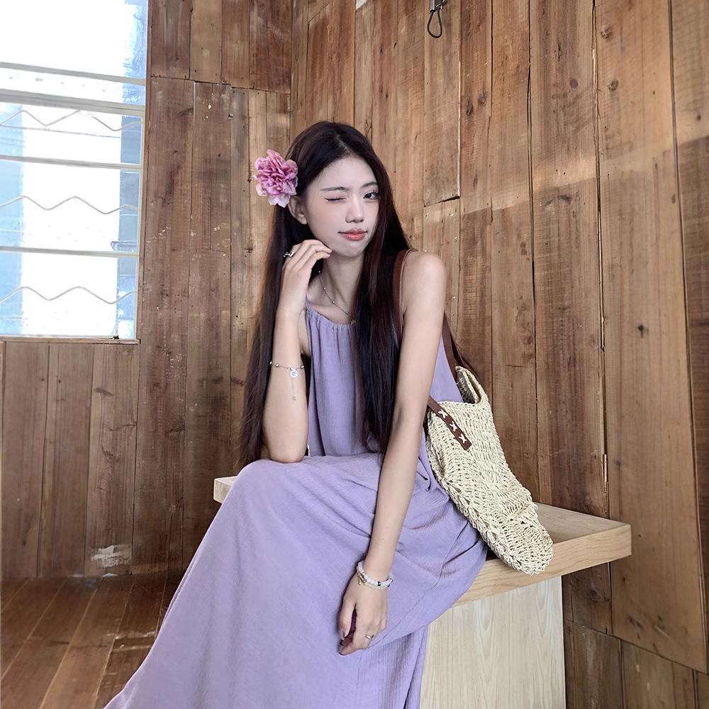 Petite French Purple Sling Dress for Women - 2025 Summer Loose Fit, Slimming, Temperament Style for Seaside Vacation.