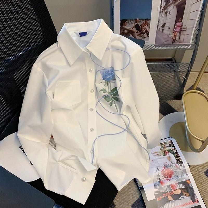 

Рубашка с лацканами и ремешком с принтом роз для женщин, однотонная, с длинным рукавом, осенняя, свободного кроя, для повседневной носки, женский топ с карманом XXL белый