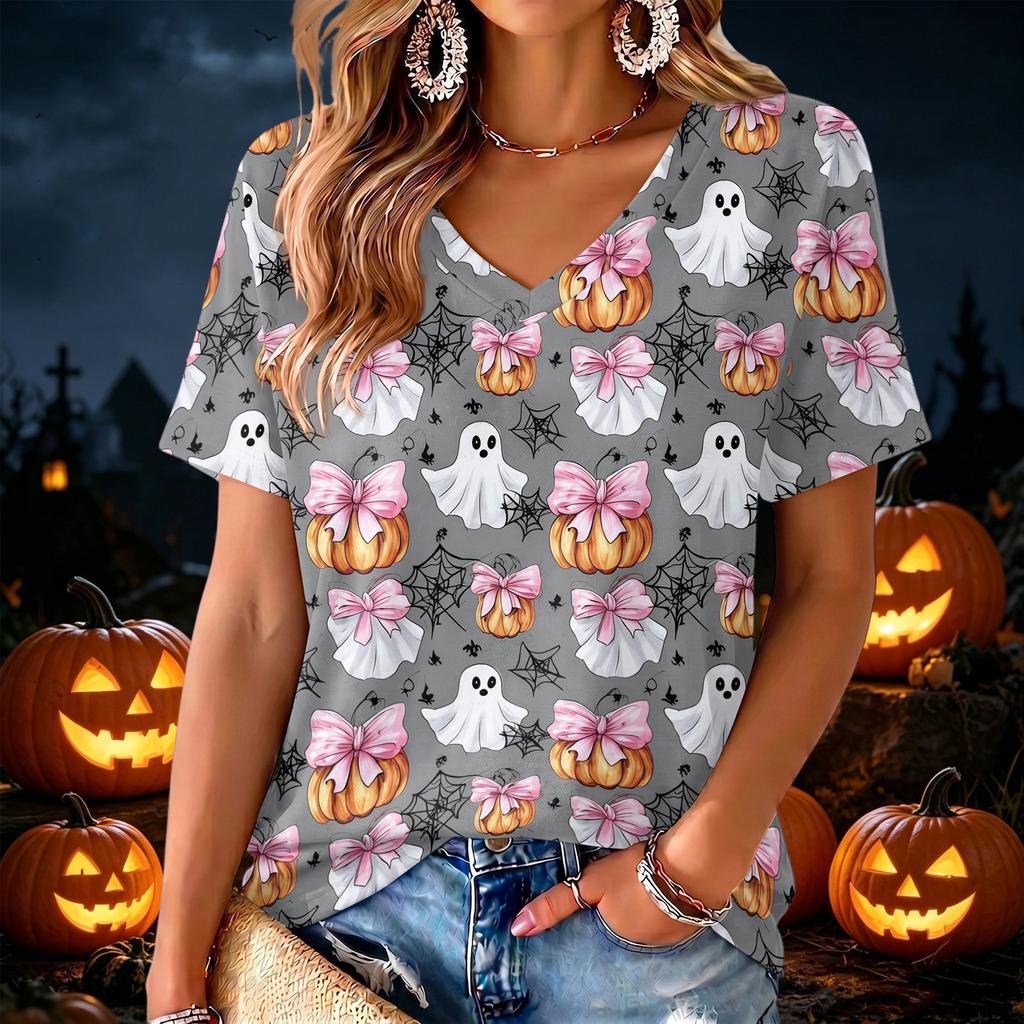 Women's V-Neck Lightweight Halloween Print Top for Spring and Summer