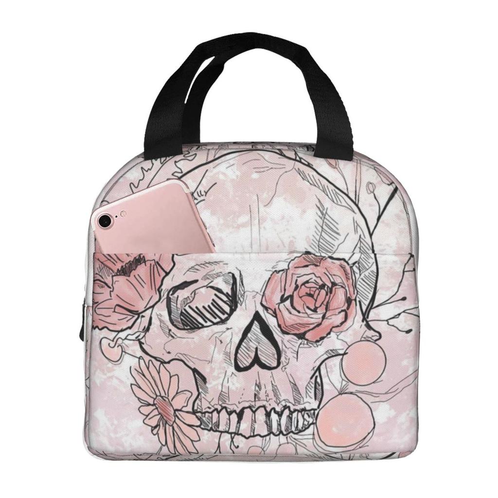 Vintage Gothic Skull Roses Insulated Lunch Bag for Women Children Portable Food Boxes Thermal Lunch Box Tote