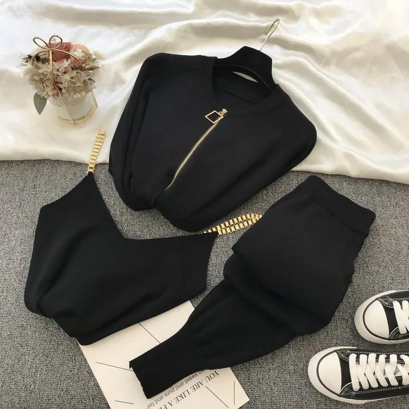 Women Zipper Knitted Cardigans Sweaters + Pants + Chain Vests Three-Piece Set Lady Jumpers Trousers Costumes Outfit Suit