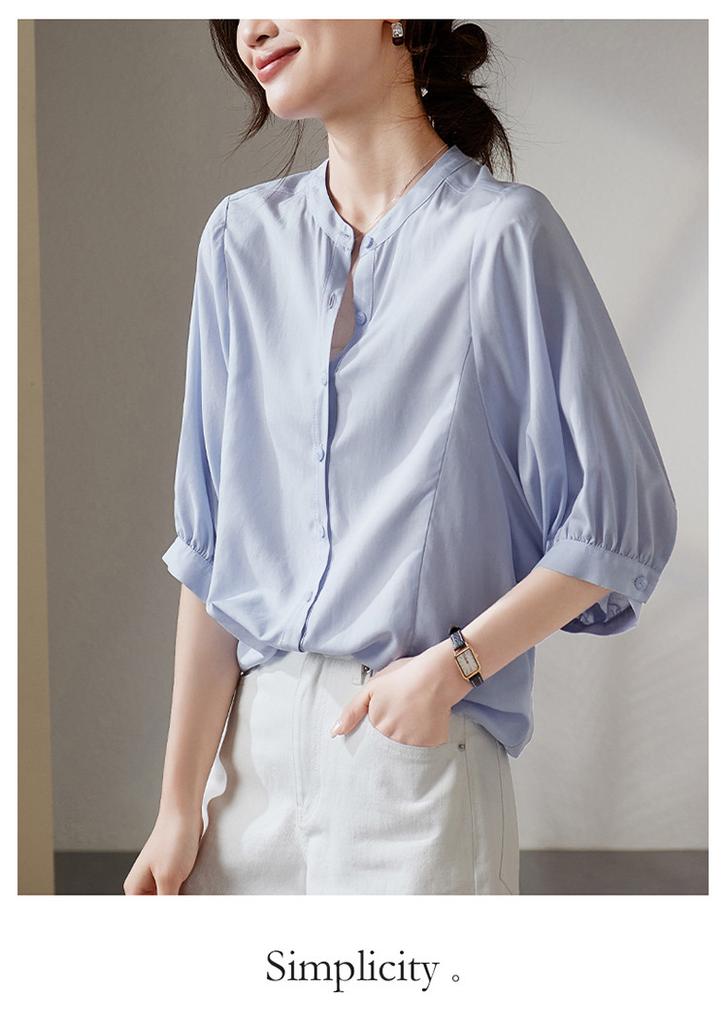 Lyocell Linen Round Neck Seven Quarter Sleeved Shirt for Women In Summer 2026, Loose and Versatile Casual Solid Color Top