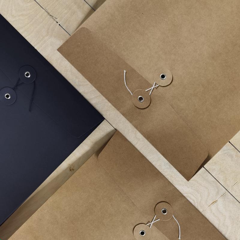 A3 Black Kraft Paper File Bag with Rope Buckle - Solid Color, Vertical Line for General Archive Storage