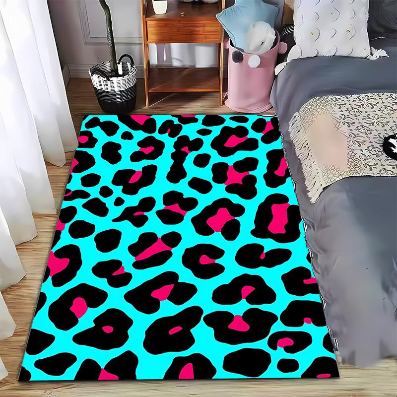

Leopard Print Area Rug with Turquoise, Black, and Pink Bold Pattern Design Suitable for use as an anti-slip for room and bedroom sofas 40x60cm( 15x23in )