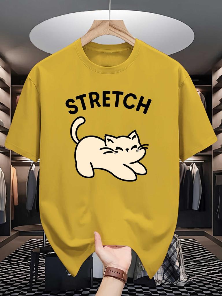 Unisexs Cute Stretch Lazy Cat Graphic Tshirt Lovely Pet Crew Neck Tees Casual Tops For Male Cat Admirers Cartoon Daily Gift