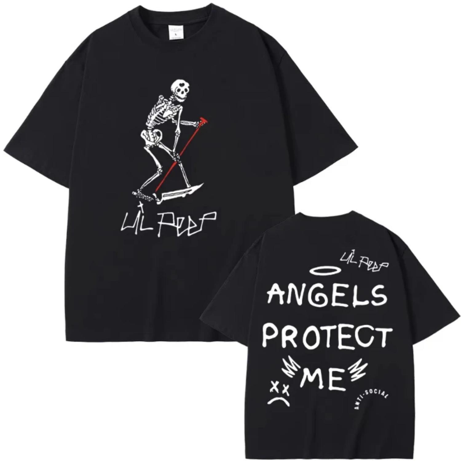 

Футболки с графикой скелета рэпера Lil Peep Cry Baby Angels Protect Me для мужчин и женщин, хип-хоп, винтажные, оверсайз, с коротким рукавом S чёрный