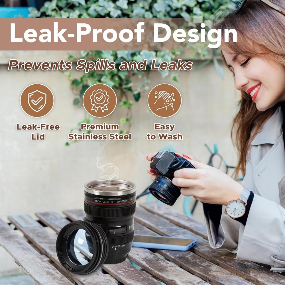 

1pc Camera Lens Mug Photographer Gifts Lens Coffee Cup Stainless Steel Black Camera Cup with Leakproof Kitchen Tools 400ml чёрный