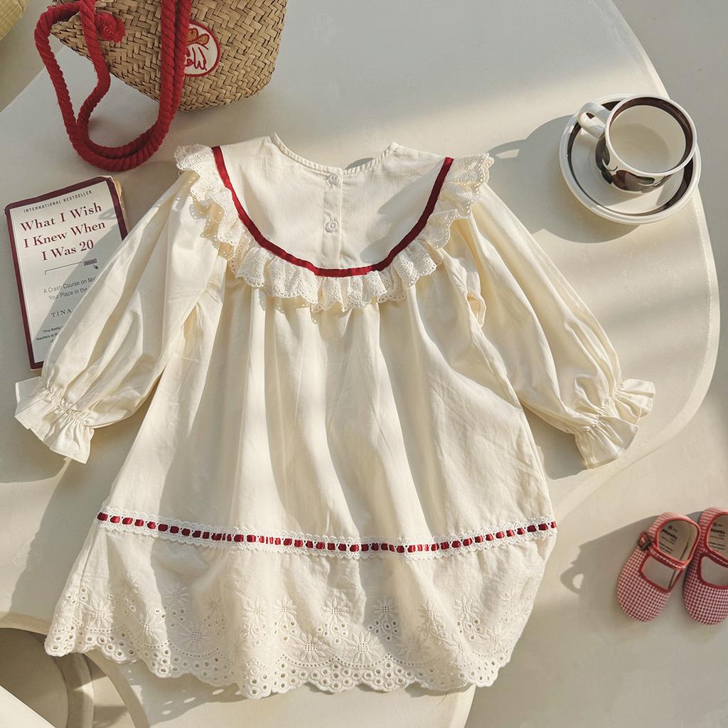 Spring Girls Block Lace Dress Long Sleeve Ruffle Hem Sweet Children Princess Party Dress With Floral Trim