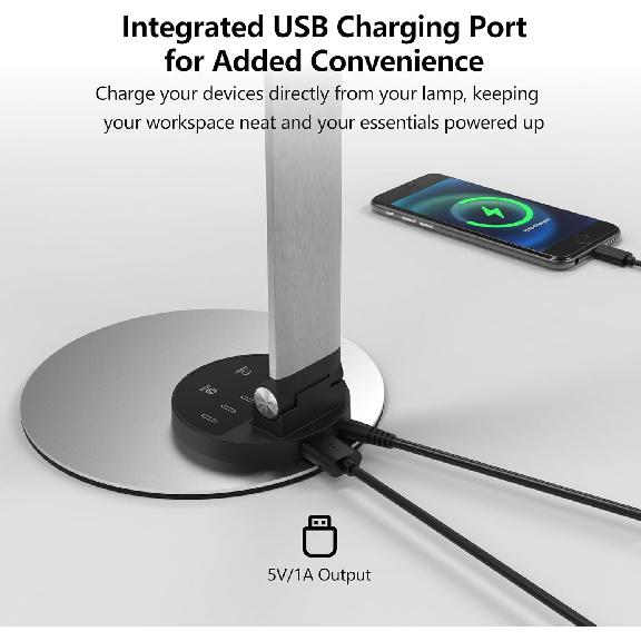 LED Desk Lamp for Home Office, Foldable Desk Light USB Charging Port Touch Control, 3 Color Temp, 6 Brightness, Metal Table Lamp Eye-Caring Reading