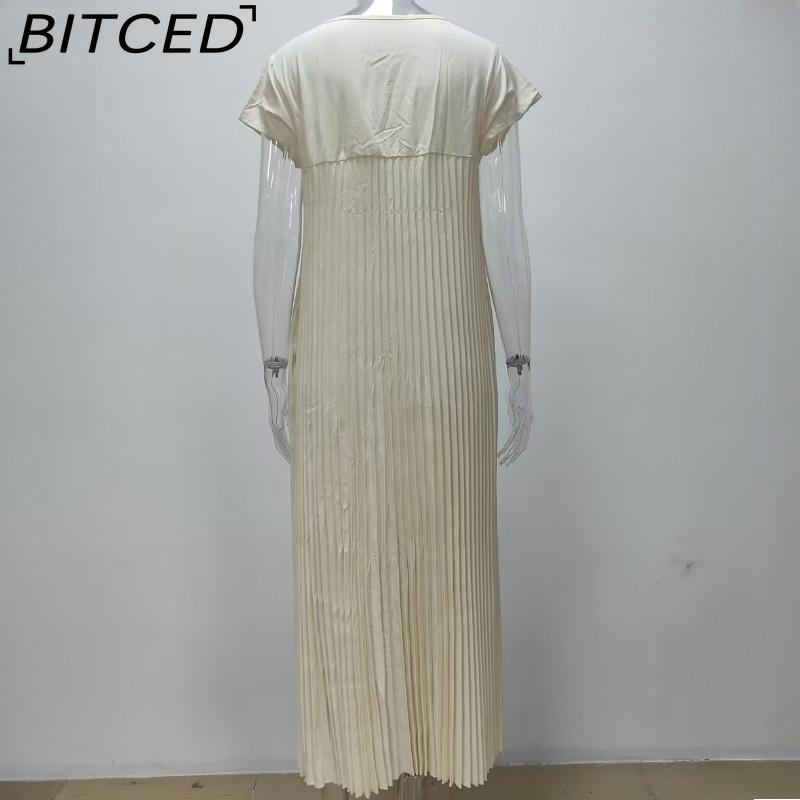 BITCED Herbst Damen Elegantes Mode O-Ausschnitt Ärmelloses Plissee Maxikleid