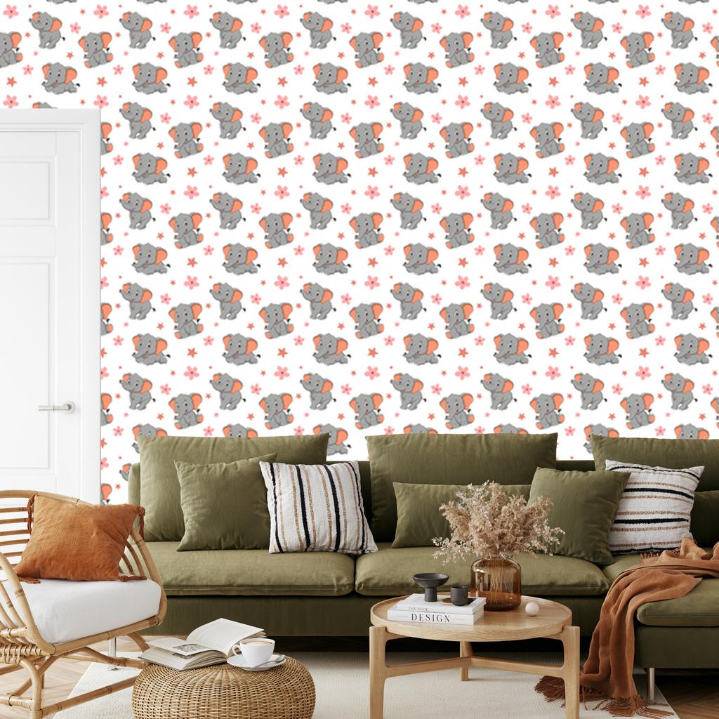 Elephants Wallpaper White and Gray for Living Room and Bedroom 50x1000