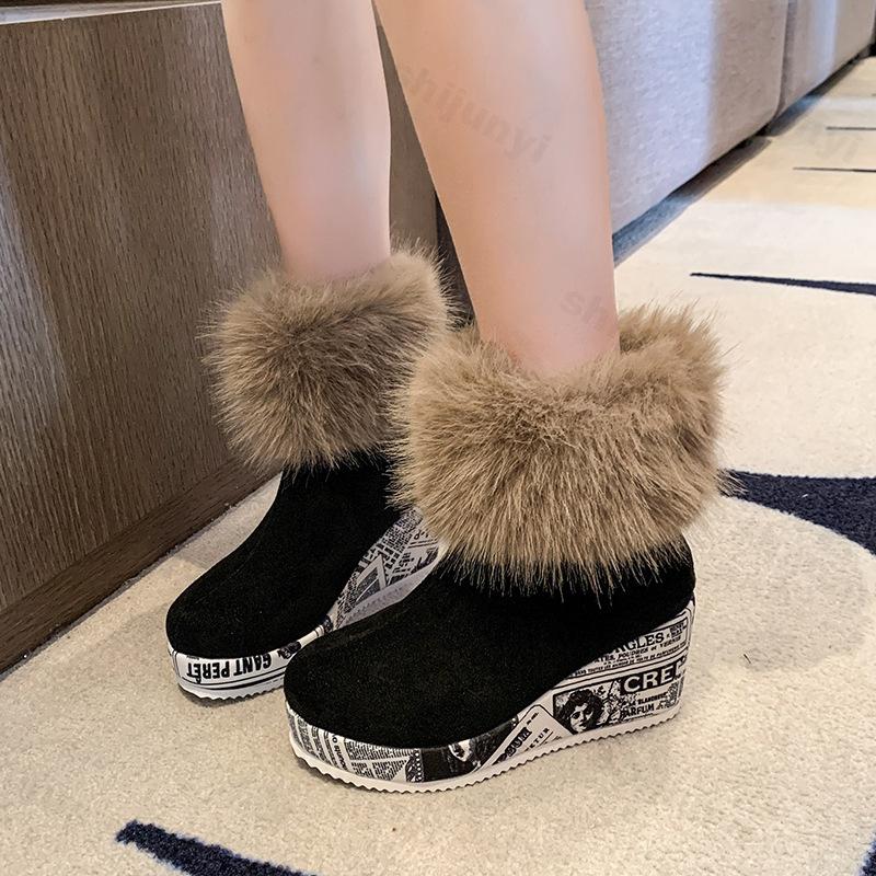 Fashion Women Snow Boots Wedges Plush Warm Anti Slip Comfortable Ankle Boots Fluffy Round Toe Platform Cotton Boots Winter Botas Mujer
