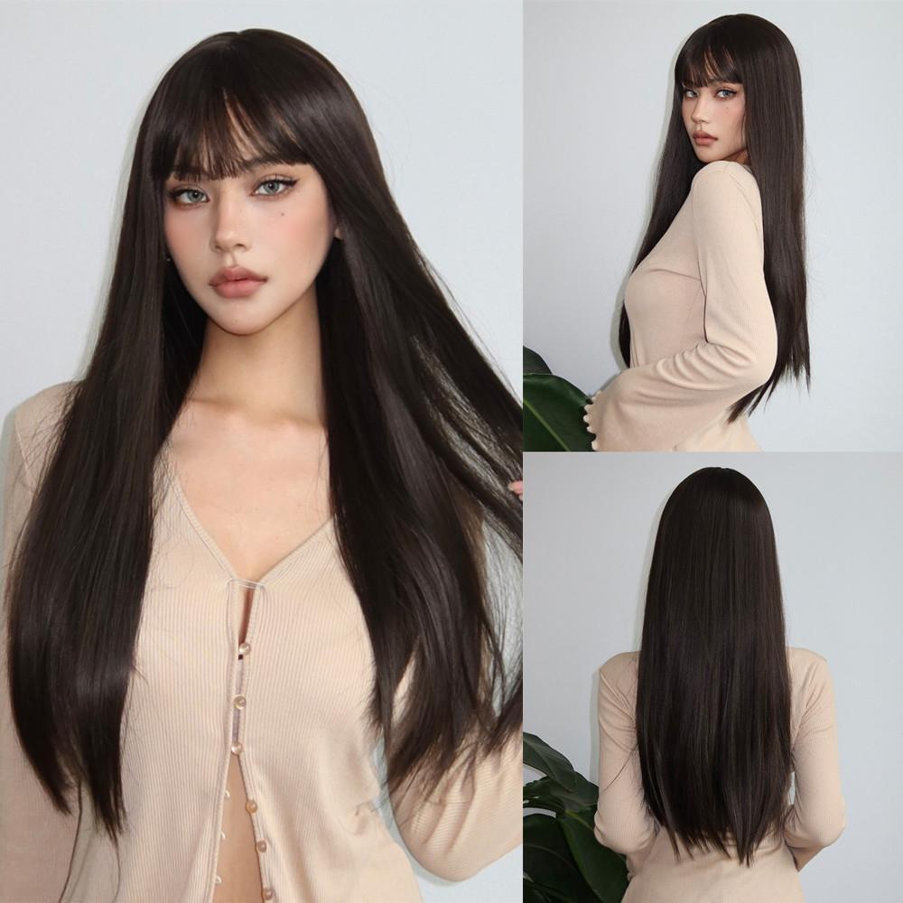 ALAN EATON Black Synthetic Wigs with Bangs Long Straight Black Wig High Temperature Fiber Wig for Daily Cosplay Hair Women Use