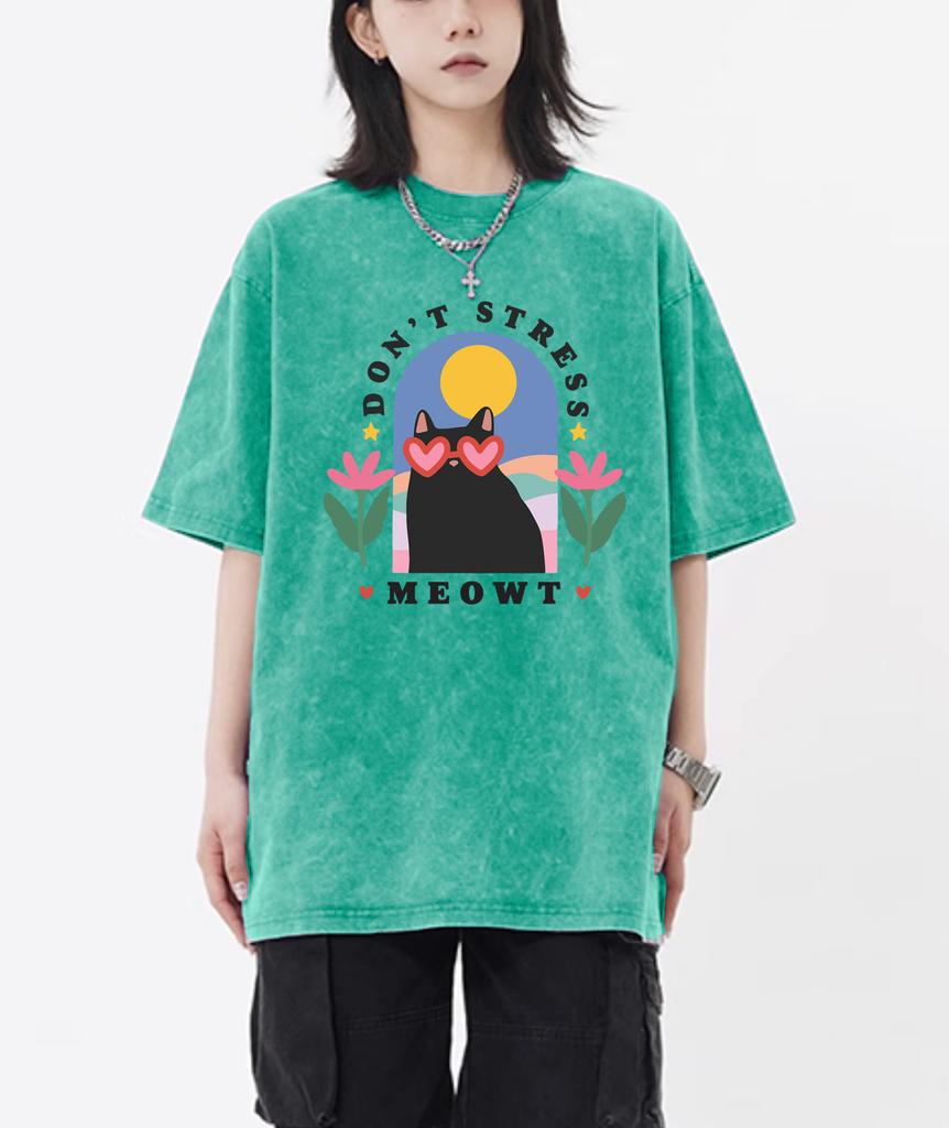 Don't Stress Meowt Cartoon Printing Retro Tee Shirt Female Trendy  Cotton T-Shirts Unisex Washed Short Sleeve Summer Hip Hop Top