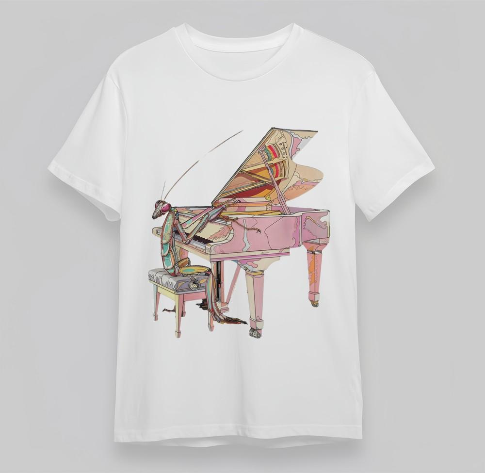 

Women s Plus Size T-shirt With Whimsical Mantis Pianist Graphic White Cotton Top 4XL