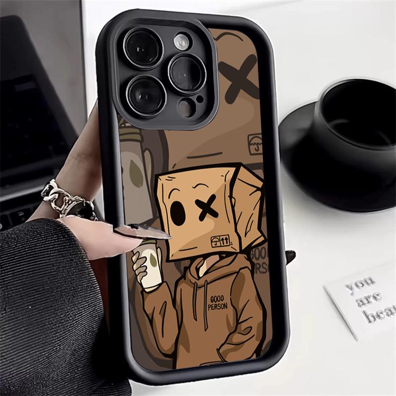 Cartoon Box Man Pattern Silicone Phone Case For iPhone 17 16 15 14 13 12 11 Pro Max 16 Plus 16E Shockproof Candy Soft TPU Cover