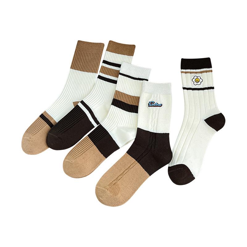 Female Spring and Autumn Pure Color Cotton Striped Embroidered Small Flower Boneless Long Tube Stack Socks