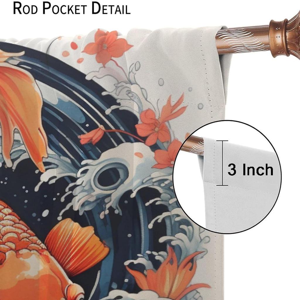 Japanese Koi Fish Curtain Big Wave Outline Asian Style Flower Art Carp Room Dark Door Window Made Of Polyester With Pole Pocket Washable