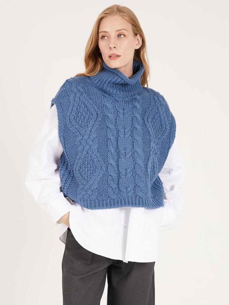 Moda Autunno Inverno Maglioni da Donna Lavorati a Maglia a Cavo Gilet Casual Senza Maniche Dolcevita Maglione Largo Corto Maglieria Calda