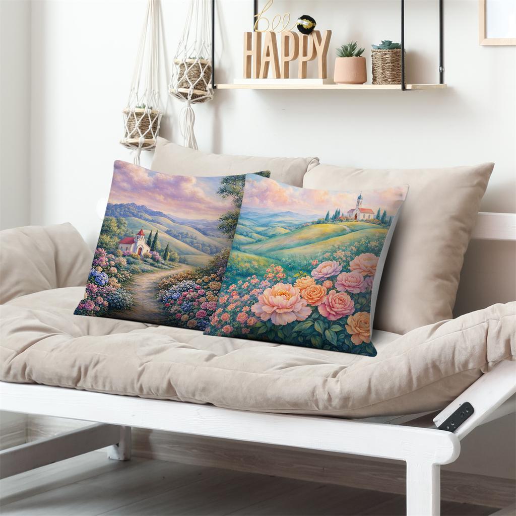 Rural Flower Sea Cottage Digital Printing Pillow Cover Short Plush Suitable Living Rooms Bedrooms Sofas Throw Cushion Cover